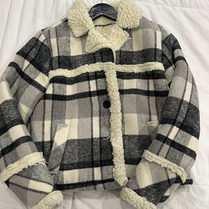Maurices Black and Cream Plaid Sherpa Jacket
